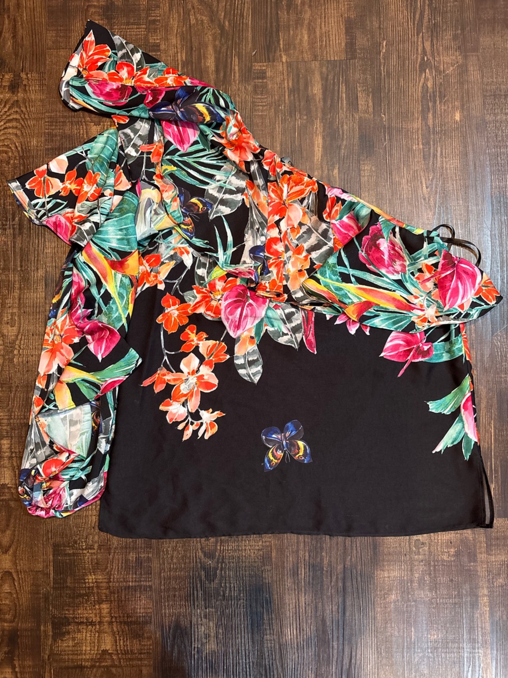 Ungaro Black One-Shoulder Floral Blouse with Multicolor Tropical Print